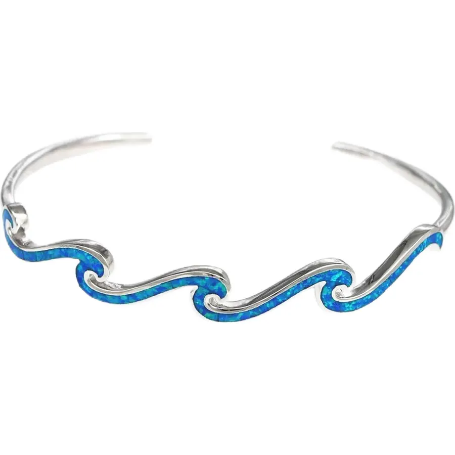 Blue Opal MultilayWaves Cuff Bangles 925 Sliver Jewelry For Women Girls