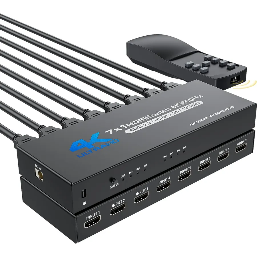 BolAAzuL 7 Port HDMI Switch 7 in 1 Out 4K@60Hz HDMI Selector Box w/Power
