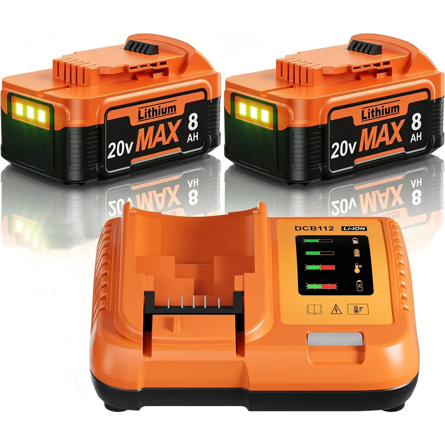 Bonacell 2Pack 8000mAh Replacement for Dewalt 20V Max Battery and Charger Compatible with Dewalt 20 Volt Battery DCB200 DCB201 DCB203 DCB204 DCB205 DCB206 DCD/DCF/DCG Cordless Power Tools