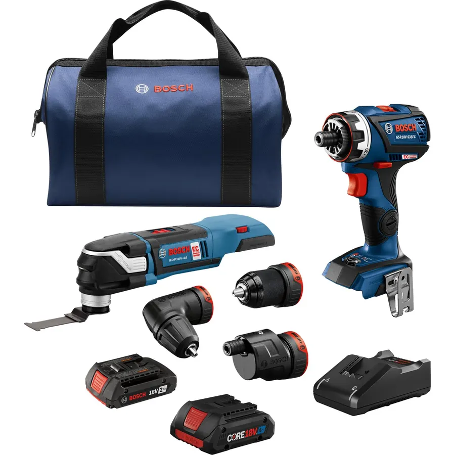 BOSCH GXL18V-270B22 18V Brushless 2 Tool Combo Kit with 5-in-1 Flexiclick Cordless Drill Driver and StarlockPlus Oscillating Multi Tool (Tool Set Includes: CORE18V Battery, Charger & Attachments)