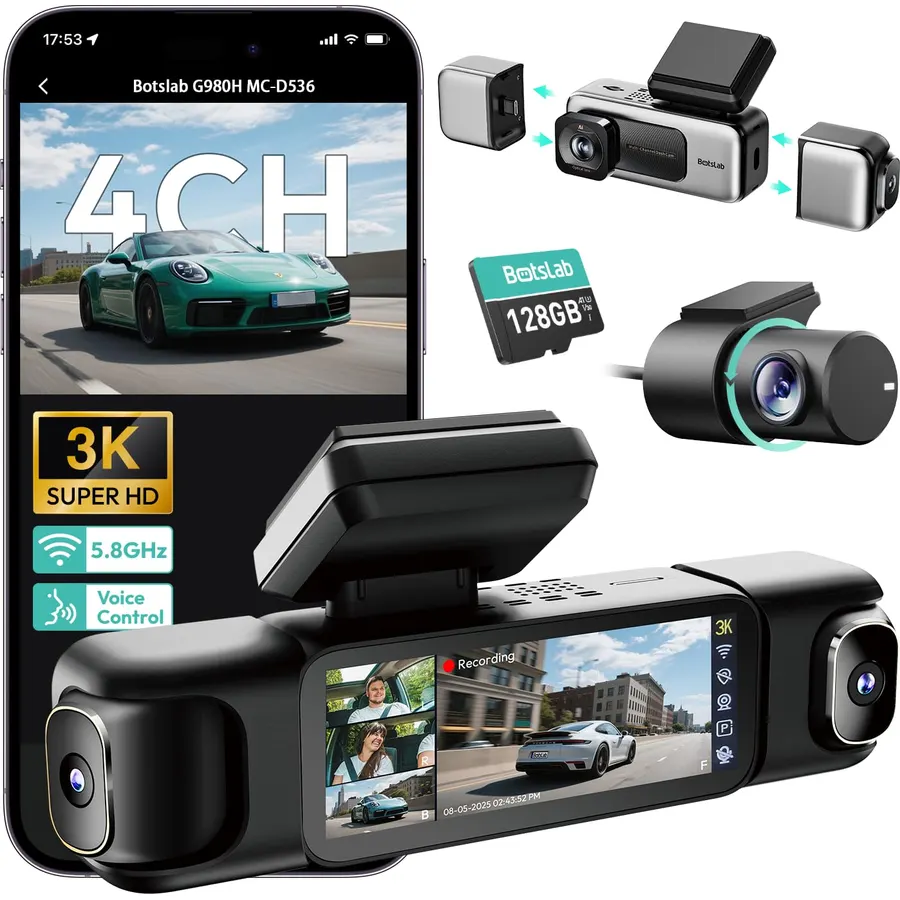 BOTSLAB 4 Channel 360° Dash Cam, 128GB Card, Voice Control, App Control