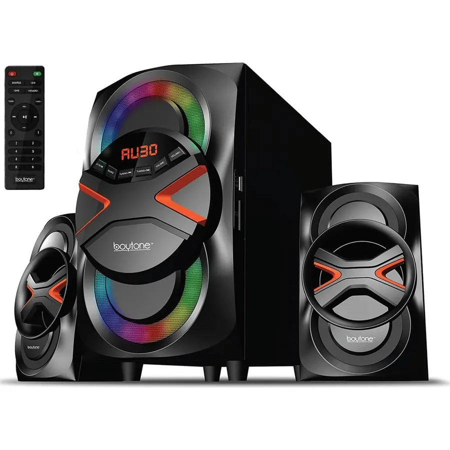 Boytone BT-324F, 2.1 Bluetooth Powerful Home Theater Speaker Systems, with FM Radio, SD USB Ports, Digital Play Back, 40 Watts, RGB Light, Full Function Remote Control, Smartphone, Tablet