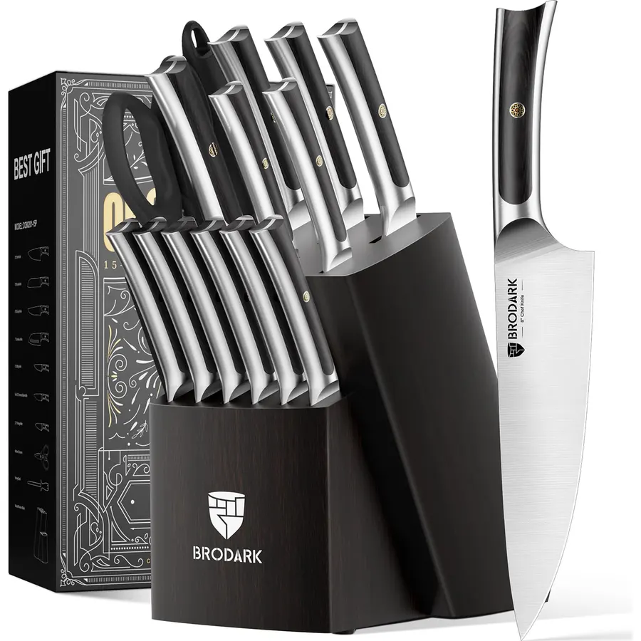 BRODARK 15 PCS Knife Set with Block,Pakkawood Handle Kitchen Knife Set
