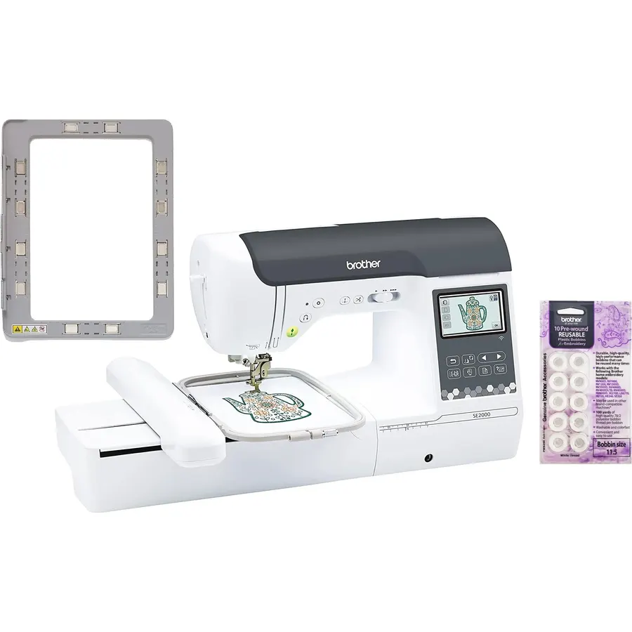 Brother SE2000 Computerized Sewing and Embroidery Machine with WLAN and 4"x7" Magnetic Embroidery Hoop Frame, White Pre-Wound Bobbins 10 Count