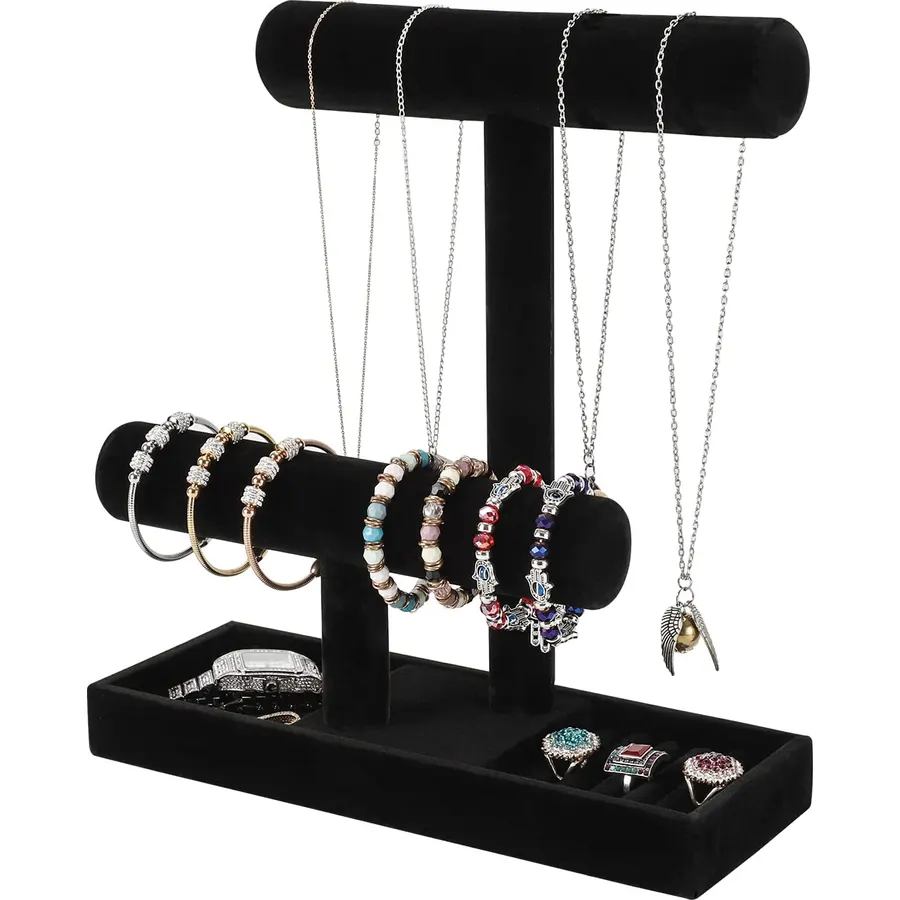 Coward 2 Tier Necklace Bracelet Holder Organizer With ring Tray, Multi-use Jewelry Display Stand For Necklace Bracelet Bangle Watch Scrunchie (Beige/no Lid)