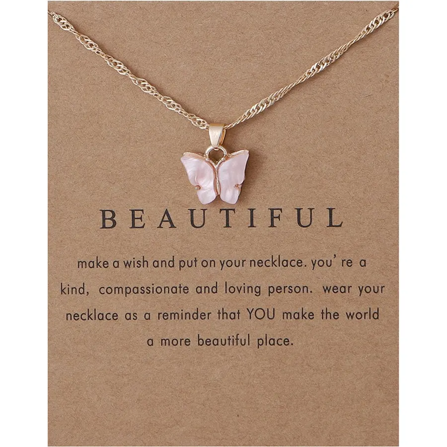 Caiyao Sweet Cute Colorful Butterfly Adjustable Clavicle Chain Lightweight Arcylic Insect Necklace with Message Card Friendship Good Luck Bohemian Jewelry for Women