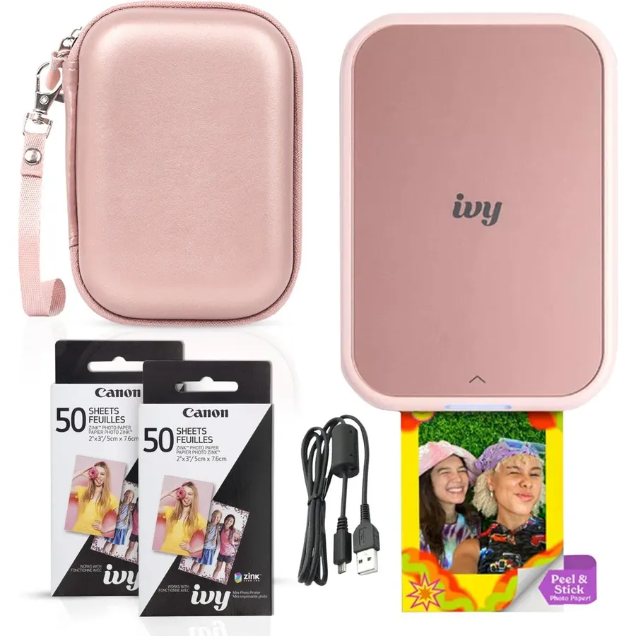 Canon Ivy 2 Mini Photo Printer (Blush Pink) - Bluetooth, Print from iOS & Android Devices, Bundle Incl. 110 Zink Sticky-Back Prints, LED Light Bar, Protective Case, and USB Cable