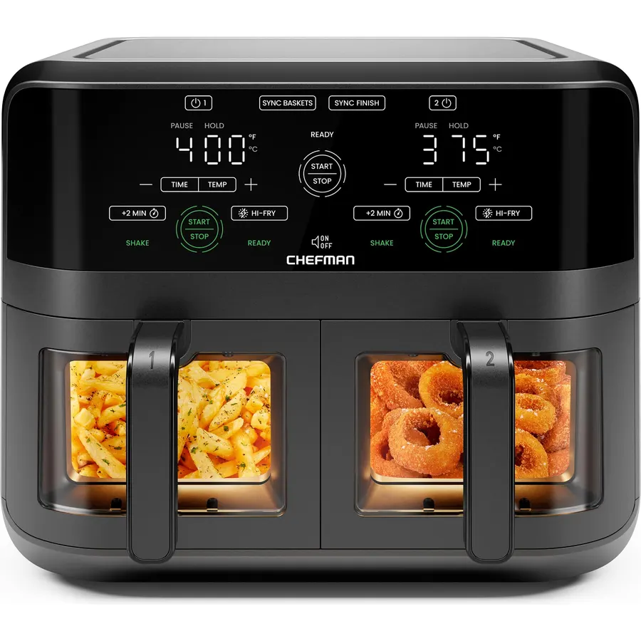 Chefman 6 Quart Dual Basket Air Fryer - Digital Touchscreen, Smart Sync Finish, Hi-Fry, Auto Shutoff, 2 Independent 3QT Nonstick Dishwasher-Safe Frying Baskets - Digital Double Air Fryer - Black