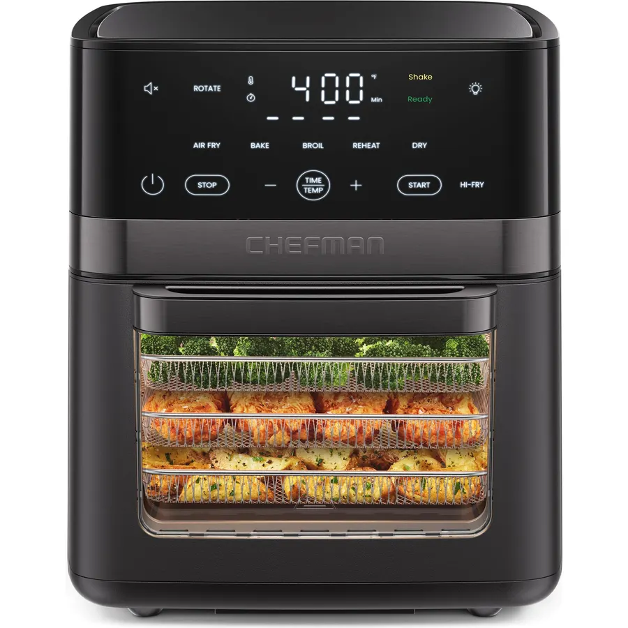 Chefman Air Fryer 6-in-1, XL 14-Quart Multifunctional Airfryer with Touchscreen Controls, Rotisserie, Food Dehydrator, Convection Oven, Bake, Broil, and Reheat Functions, Windowed Door – Black