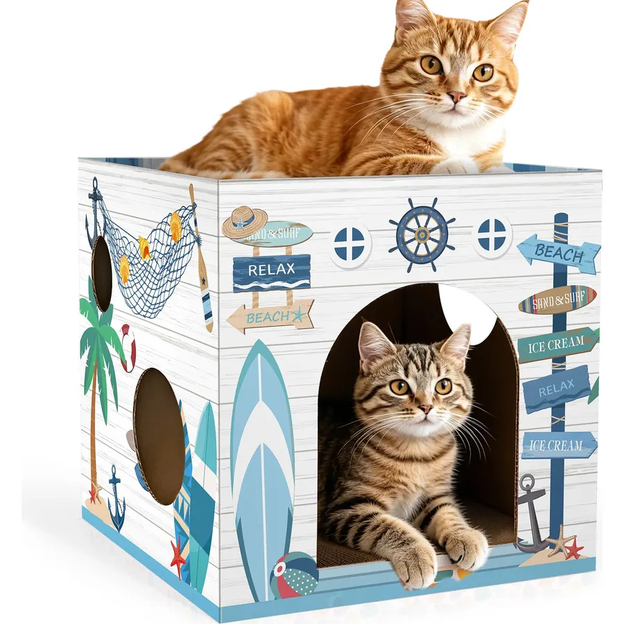 Cinrobiye Cardboard Cat House with 2 Pcs Scratching Pad，Pet Hideaway Cave Board Bed Playhouse Condo Box Decor Small Animals Scratcher Bed for Indoor Cats Kittens Rabbits Bunny