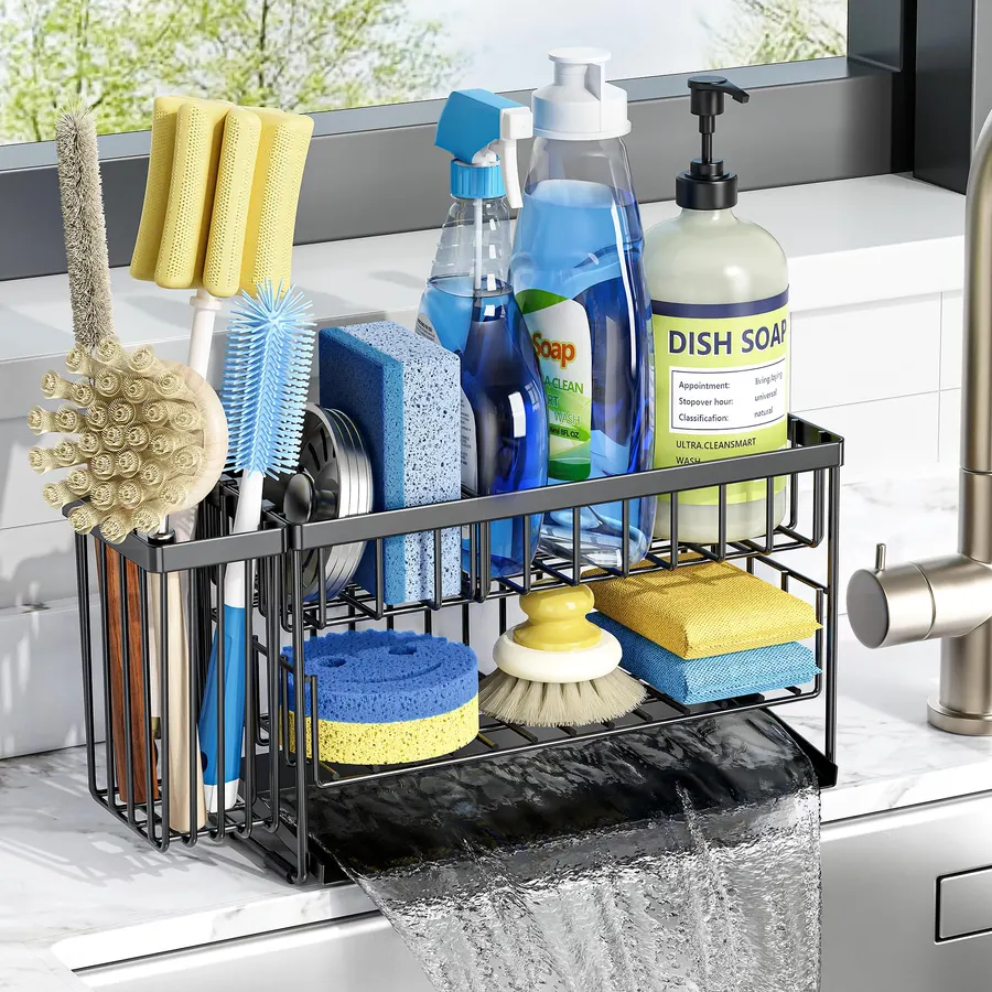 2-Tier Rustproof Sponge Holder for Kitchen Sink, Black