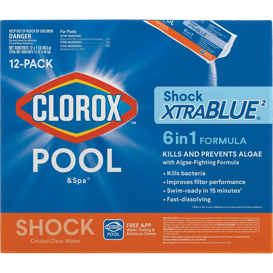 Clorox Pool&Spa 33512CLX Pool Shock XtraBlue (12 1-lb Bags), 12 Pack, White