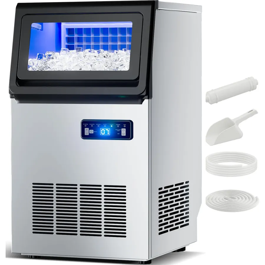 Commercial Ice Maker, 109 Lbs/24H Countertop Ice Maker Machine Commercial Ice Machine Freestanding Stainless Steel Upon Counter Ice Maker(109Lbs/24H)