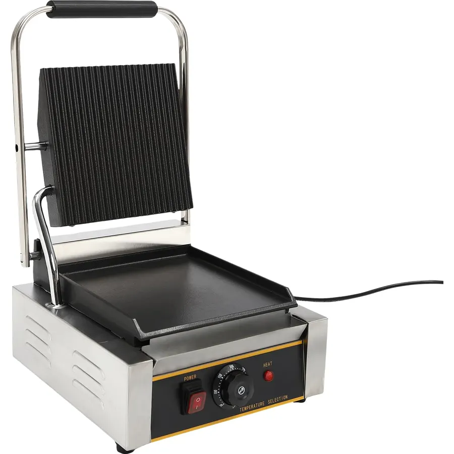 Commercial Panini Press 1800W Electric Contact Grill Large Sandwich Maker Machine (Grooved Top&Smooth Bottom) 122°F-572°F