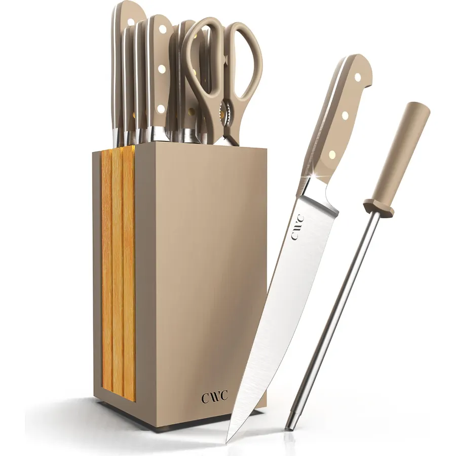 COOK WITH COLOR 14 Pieces Kitchen Knife Block Set, Knives for Kitchen, Forged Cutlery with Razor-Sharp High Carbon Steel Blades, Magnetic Block