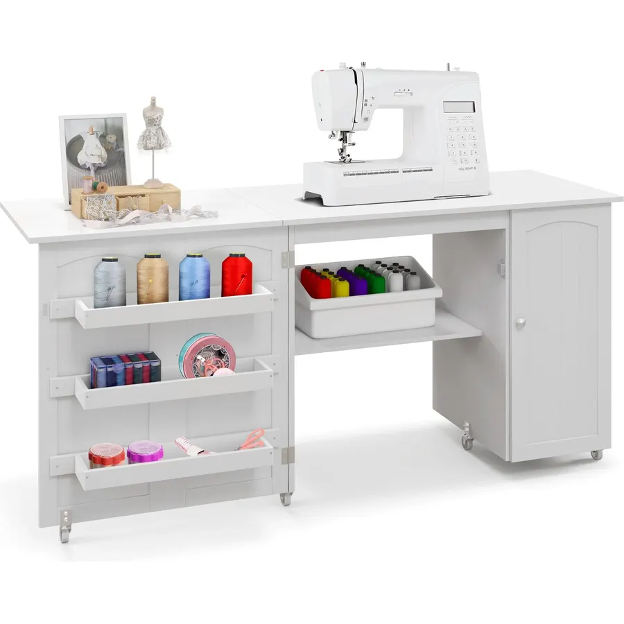 COSTWAY 62.5" x 20" Foldable Sewing Table w/Storage Shelves, Brown