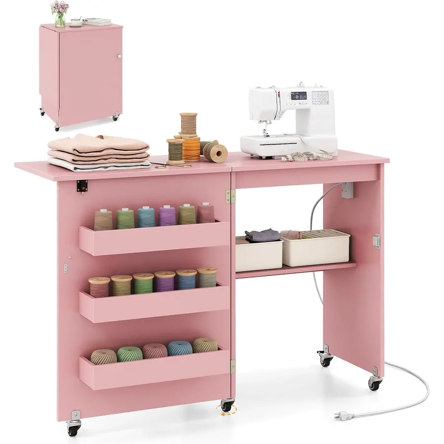 COSTWAY Folding Sewing Table with Charging Station, Pink