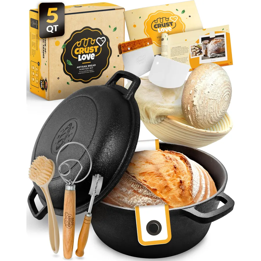 CRUSTLOVE 5 QT Pre-Seasoned Dutch Oven for Bread Baking with Lid and Kit