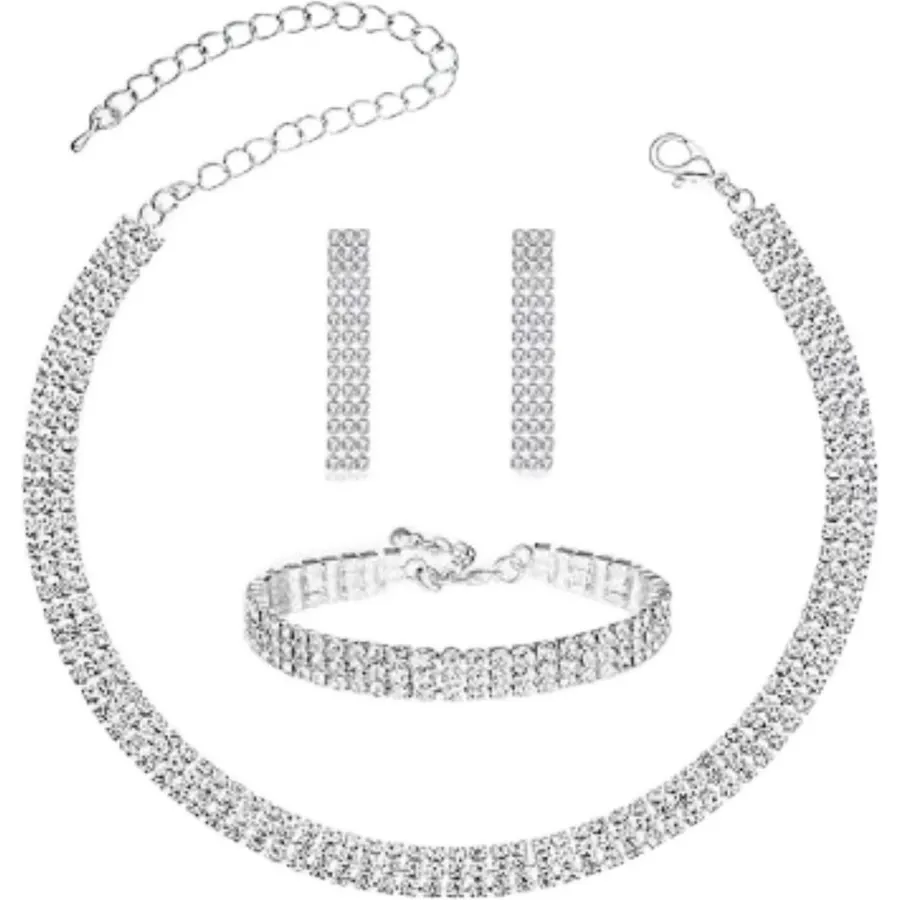 JAKAWIN Silver Jewelry Set Rhinestone Prom Wedding Necklace Earrings