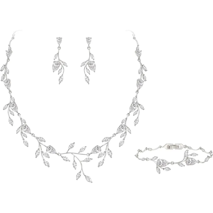 Cubic Zirconia Drop Leaf Vine Wedding Prom Jewelry Set for Bride Bridesmaid