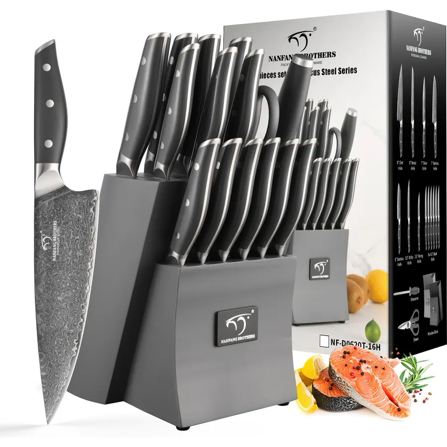 Damascus Kitchen Knife Set with Block, 9-Piece 67-Layer VG10 Damascus Steel Knife Set with Triple-Rivet Handles, Chef, Santoku, Utility, Bread & Paring Knives, Sharpener, Shears, Grey