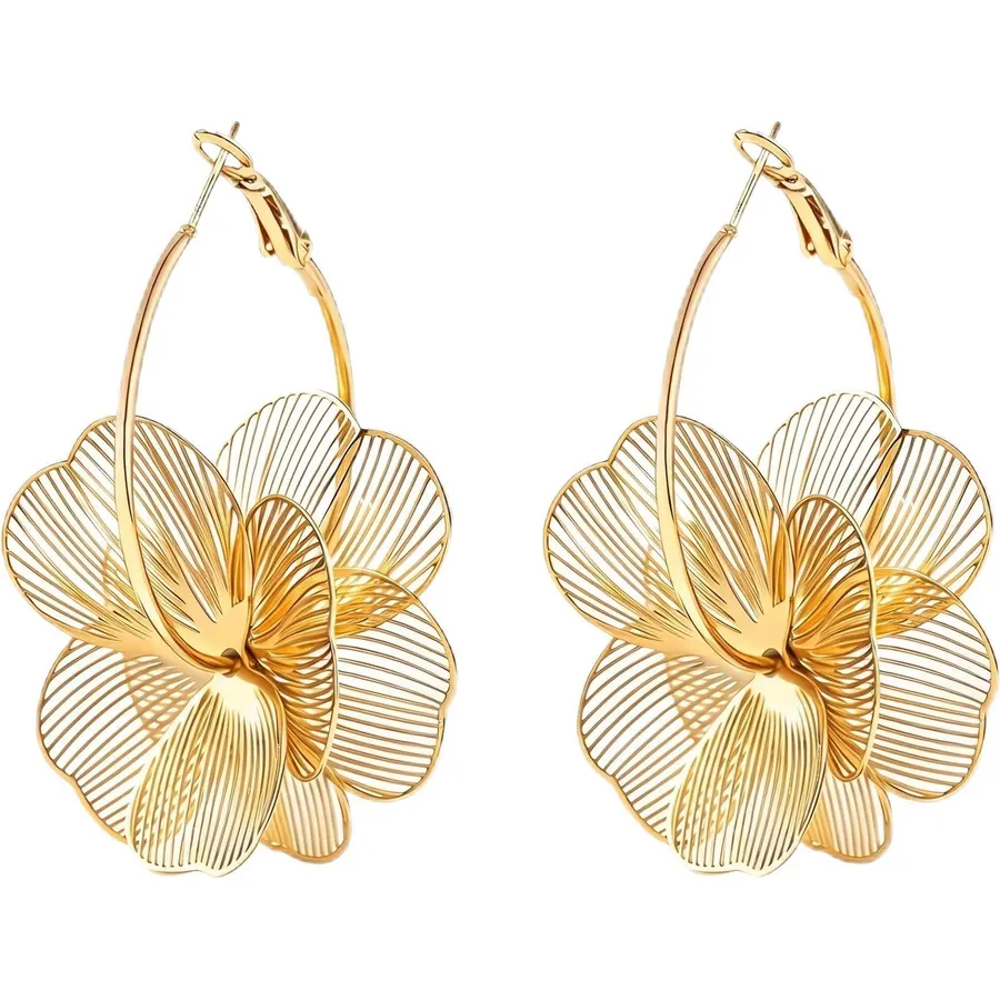 18K Gold Plated Large Chunky Flower Statement Earrings for Women by SNGIA, Summer Beach Floral Handmade Drop Jewelry, Maximalist Wedding Date Birthday Gift, Bold Exaggerated Textured Dangle Trendy Ribbed Jewelry, 18K Gold Plated Chandelier Fashion Accessories, Vintage Hammered Thick Nickle Free Gifts.