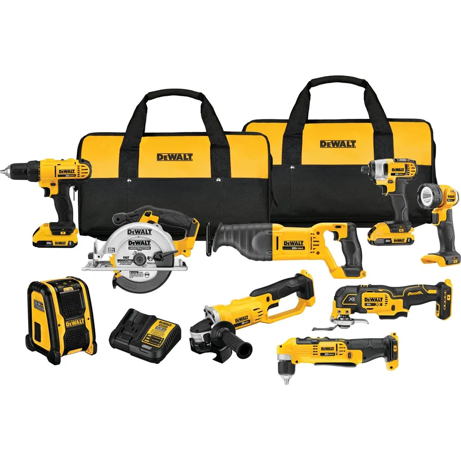 DEWALT 20V MAX Power Tools, 9 Cordless Tool Combo, Impact and Drill Driver, Oscillating Tool, Grinder,Circular and Reciprocating Saw,Right Angle Drill,Speaker,LED Light, 2 Batteries,Charger (DCK940D2)