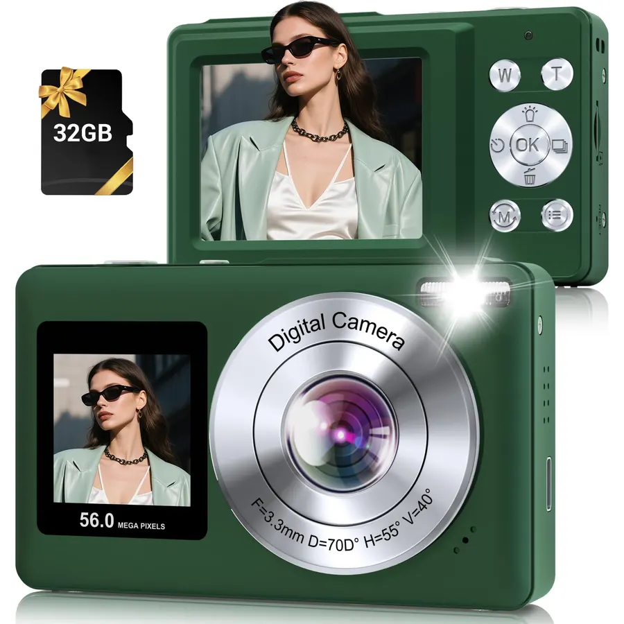 Digital Camera, 56MP 2.7K Dual-Screen Selfie Camera with 16X Zoom, 20 Filters & Anti-Shake, Portable Point and Shoot Digital Cameras with 32GB Card, Compact Travel Cameras for Beginners Teens Kids