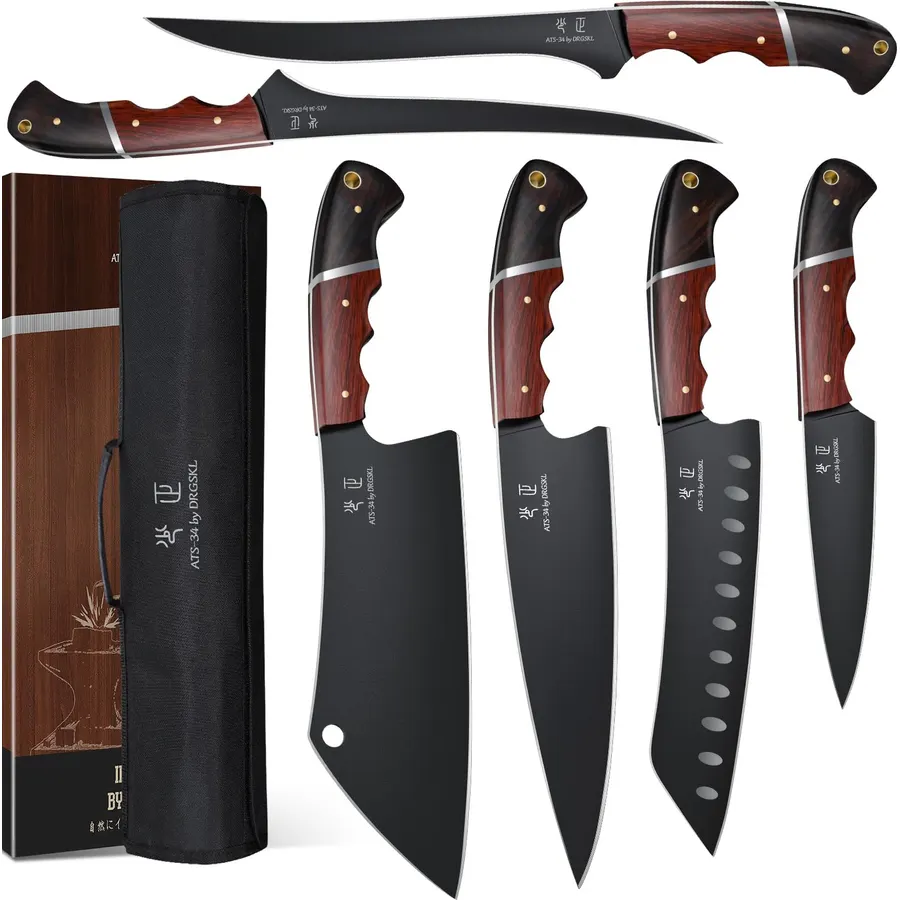 DRGSKL Kitchen Knife Set with Bag - 6 PCS Chef Knife Set with Wooden Handle
