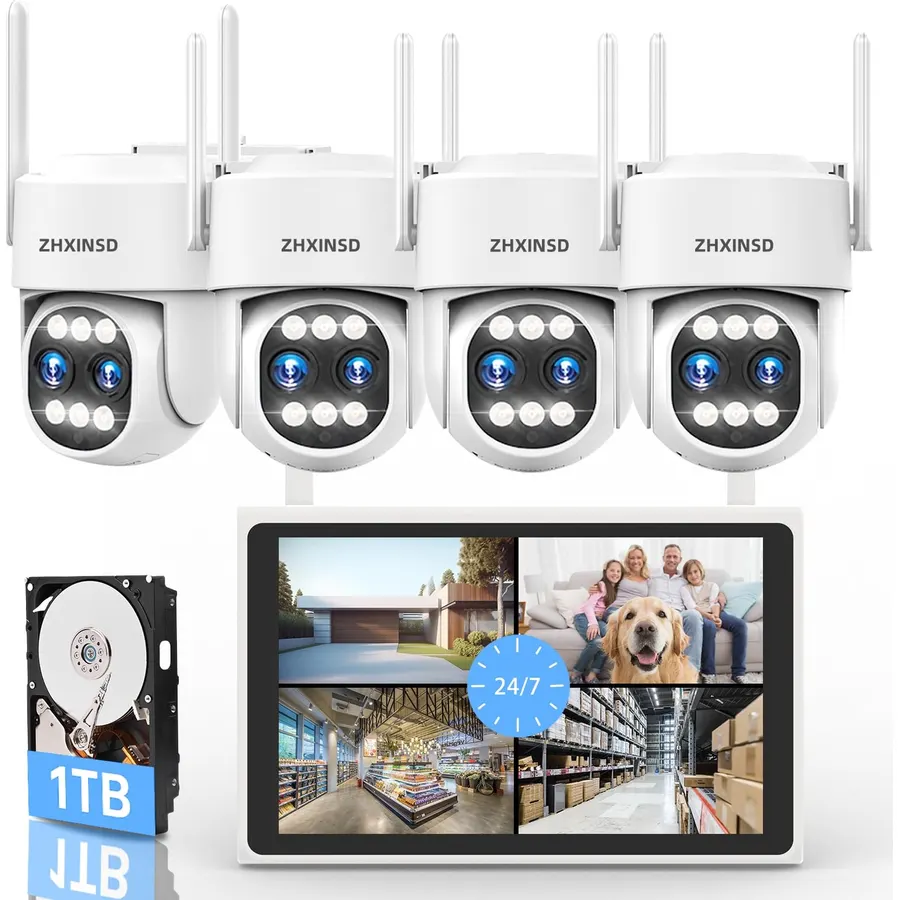 Dual Lens 4MP+4MP 10X Zoom Wireless Security Camera System with 10” Monitor, 24/7 Record PTZ Cameras for Outdoor/Indoor Home Security, Auto Tracking, 4K NVR with 1TB HDD, No Monthly Fee