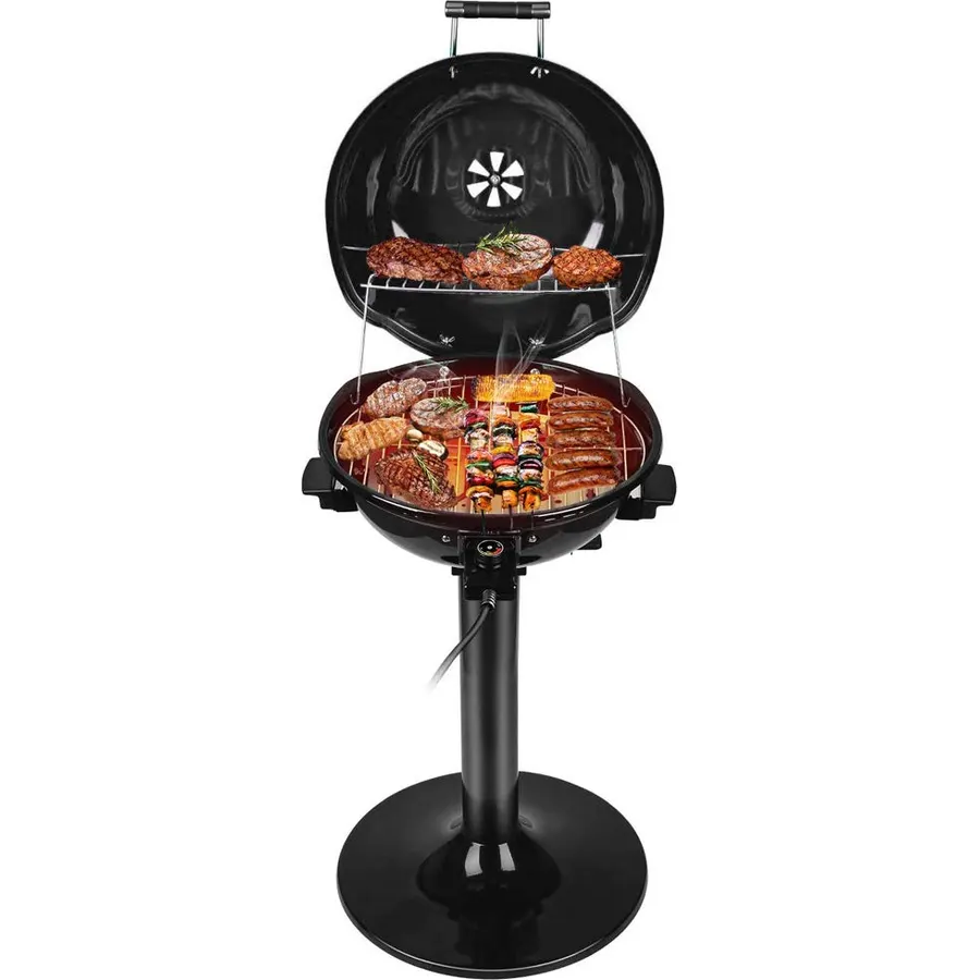Electric Grill, Techwood Indoor/Outdoor Electric BBQ Grill, 1600W Portable Removable Stand Grill with Adjustable Heat & Drip Tray, Double Layer Design for Party, Patio & Backyard (Black)