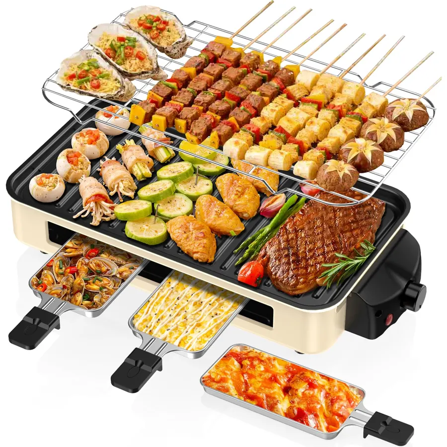 Electric Indoor Grill 1500w, 2 in 1 Smokeless Indoor Grills with Non-Stick Griddle Plate & Grill Net, Korean BBQ Grill with 3 Individual Mini Trays, Temperature Control, Dishwasher Safe