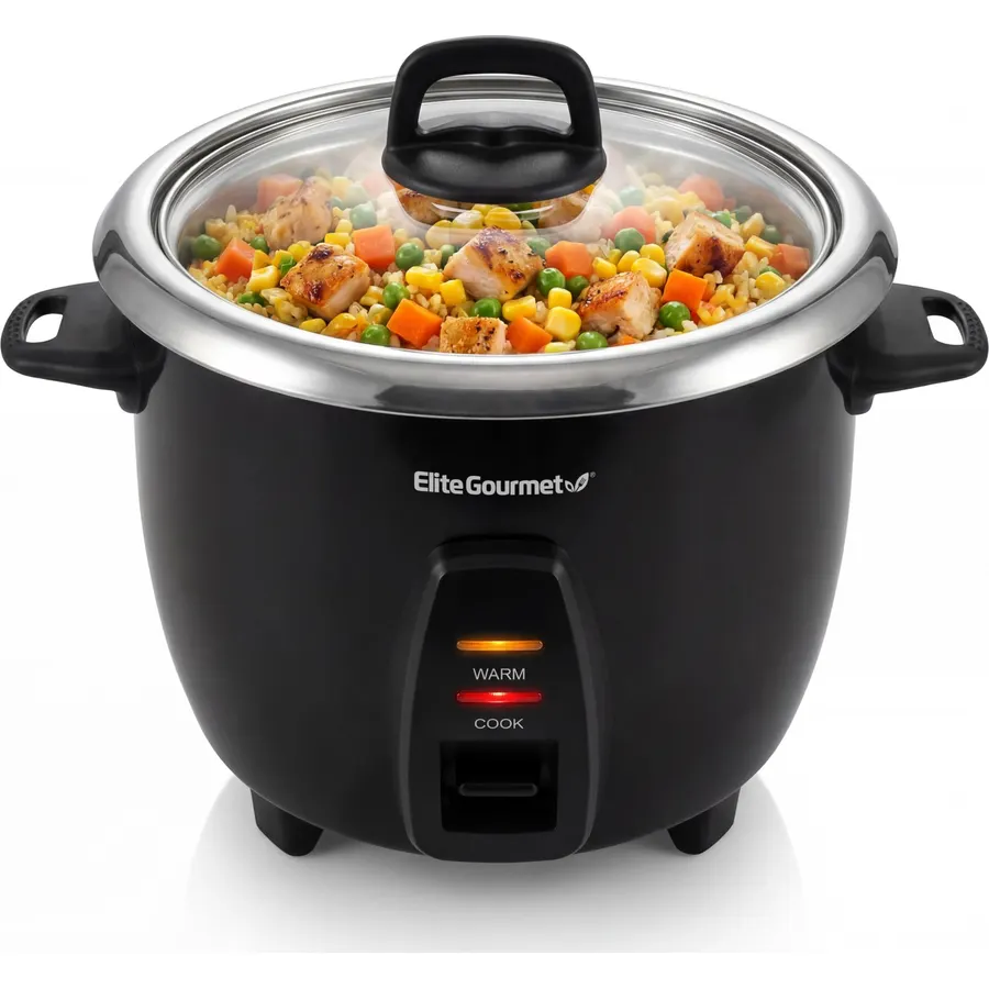 Elite Gourmet ERC-2010 Rice Cooker, Stainless Steel, White, 10 Cups Cooked
