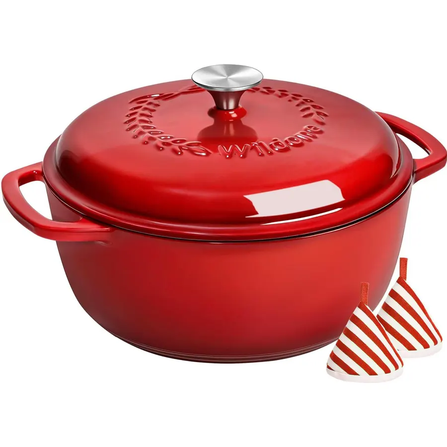 Enameled Cast Iron Dutch Oven - Wildone 6QT Pot with Lid & Cotton Potholders - Oven Safe Enamel Cookware for Bread Baking, Braising, Stews, Roasting, Red