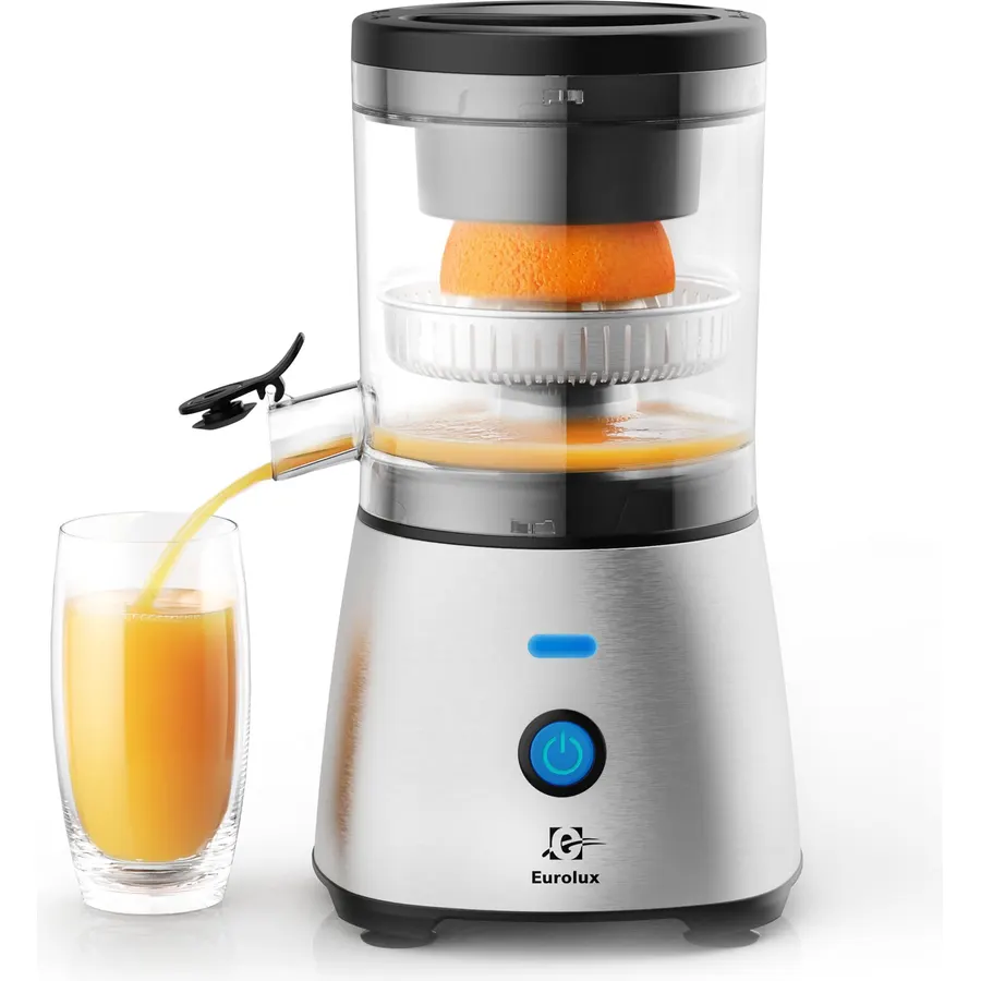 Eurolux Electric Citrus Juicer Stainless Steel | Premium Hands-Free One-Touch Orange Juice Squeezer for Oranges, Lemons, and Limes | Quiet Operation, Easy to Clean, Countertop Small Kitchen Appliance