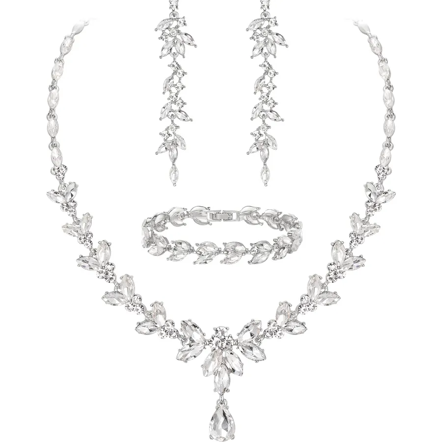 EVER FAITH Marquise Crystal Leaf Bridal Prom Jewelry Set for Women Bride
