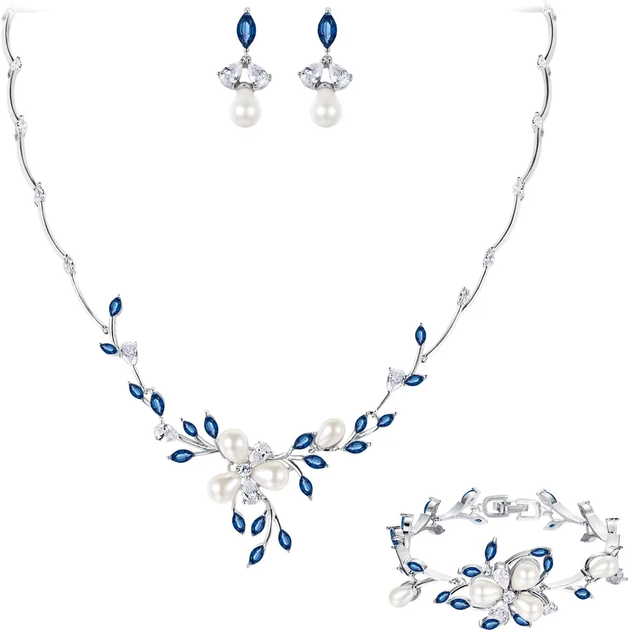 EVER FAITH Marquise CZ Pearl Flower Leaf Filigree Bridal Jewelry Set