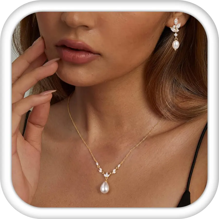 HERIER Gold Jewelry Set for Women - Dainty 14K Gold/Silver Plated Pearl Choker Necklace, Drop Earrings & Bracelets - Wedding Trendy Pearl Jewelry Gift