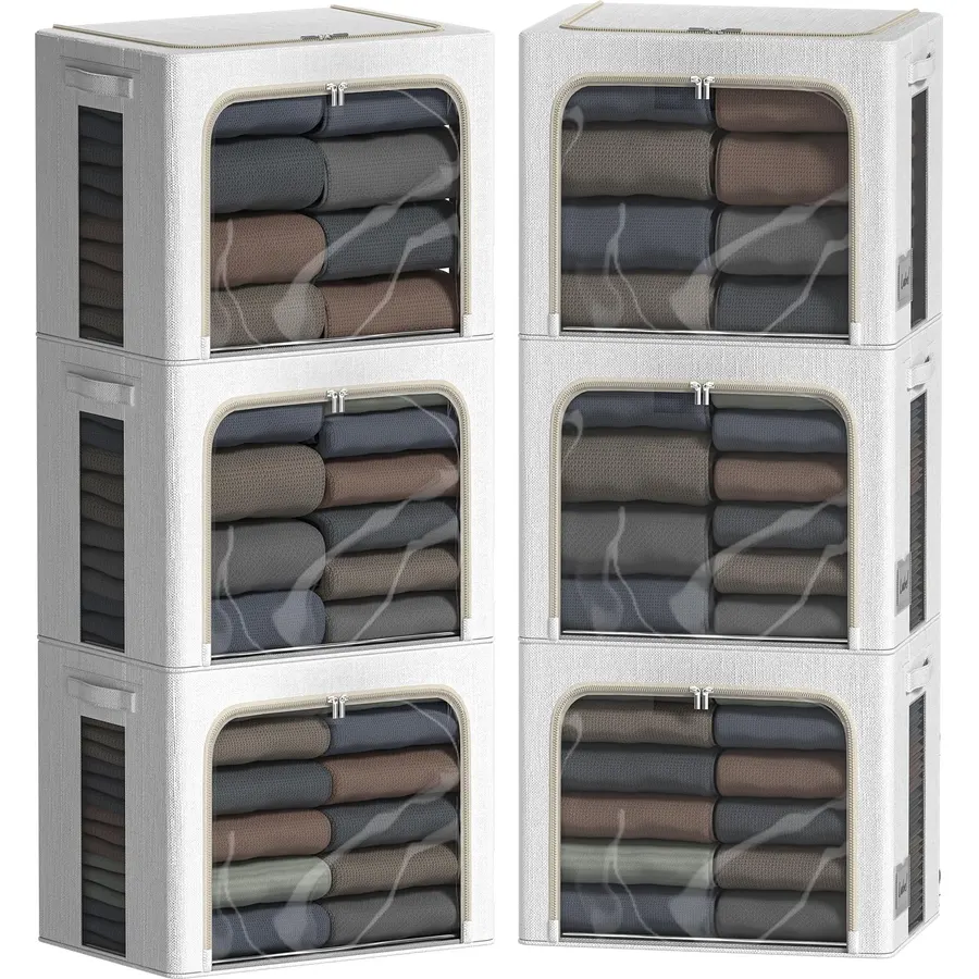 FHSQX 6 Pack Clothes Storage Bins,Lvory White, 15.7x11.8x11.8inch(36L)