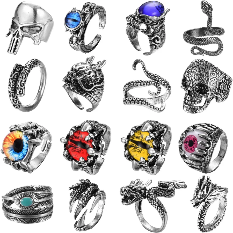 FIBO STEEL 16Pcs Vintage Punk Rings for Men Women Black Open Gothic Ring