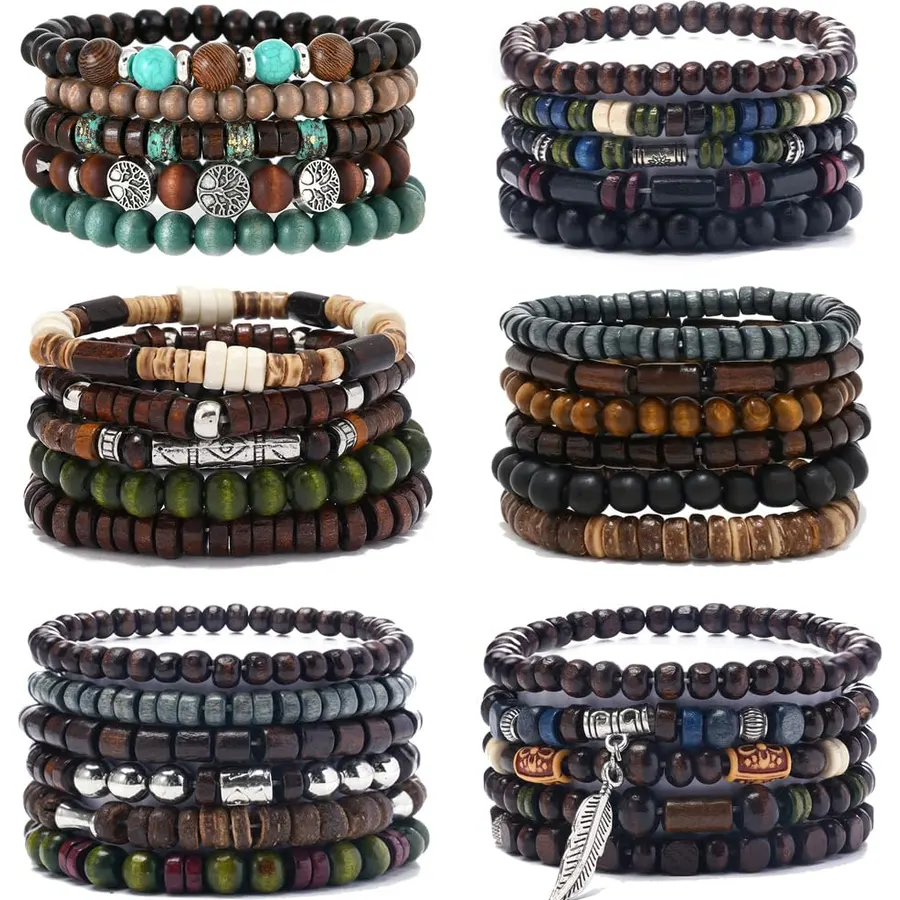 FIRAZIO 32 Pcs Wooden Beaded Bracelets for Men