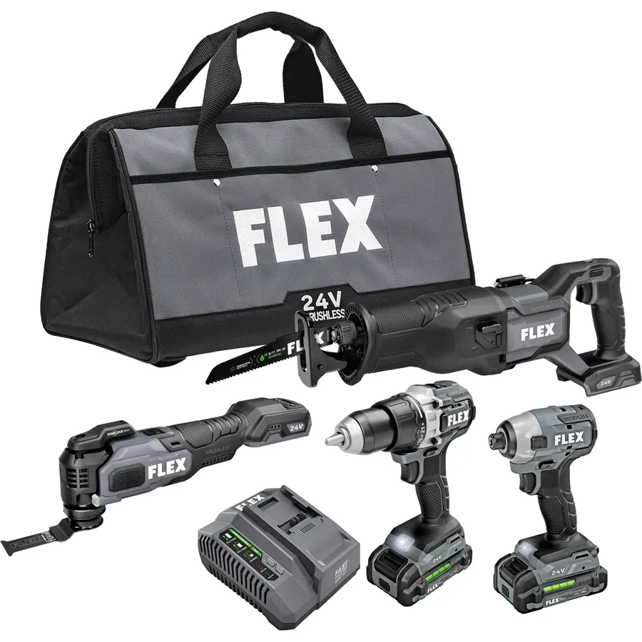 FLEX 24V Brushless Cordless 4-Tool Combo Kit: Reciprocating Saw, Oscillating Multi-Tool, Drill Driver, and Impact Driver with (2) 2.5Ah Lithium Battery and 160W Fast Charger - FXM404-2A