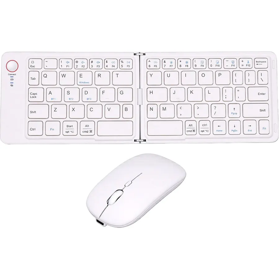 Foldable Bluetooth Keyboard and Mouse Set, Portable Travel Wireless Folding Keyboard with BT5.0 2.4G Mouse Rechargeable for Laptop Tablet Phone Multi Device (White)
