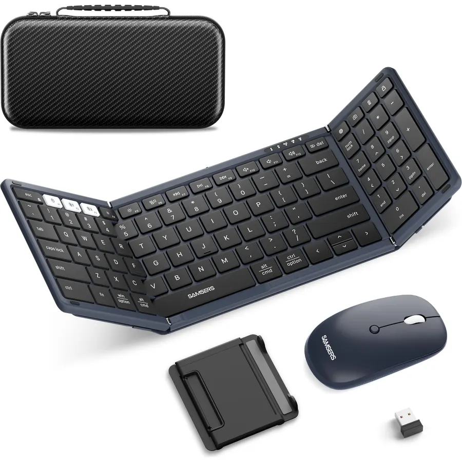 Foldable Keyboard and Mouse, Samsers Folding Bluetooth Keyboard Combo, 2.4G + BT5.0 x 2, Full-Size Portable Travel Keyboard & Rechargeable Wireless Mouse for Windows Android iOS Mac OS, Midnight