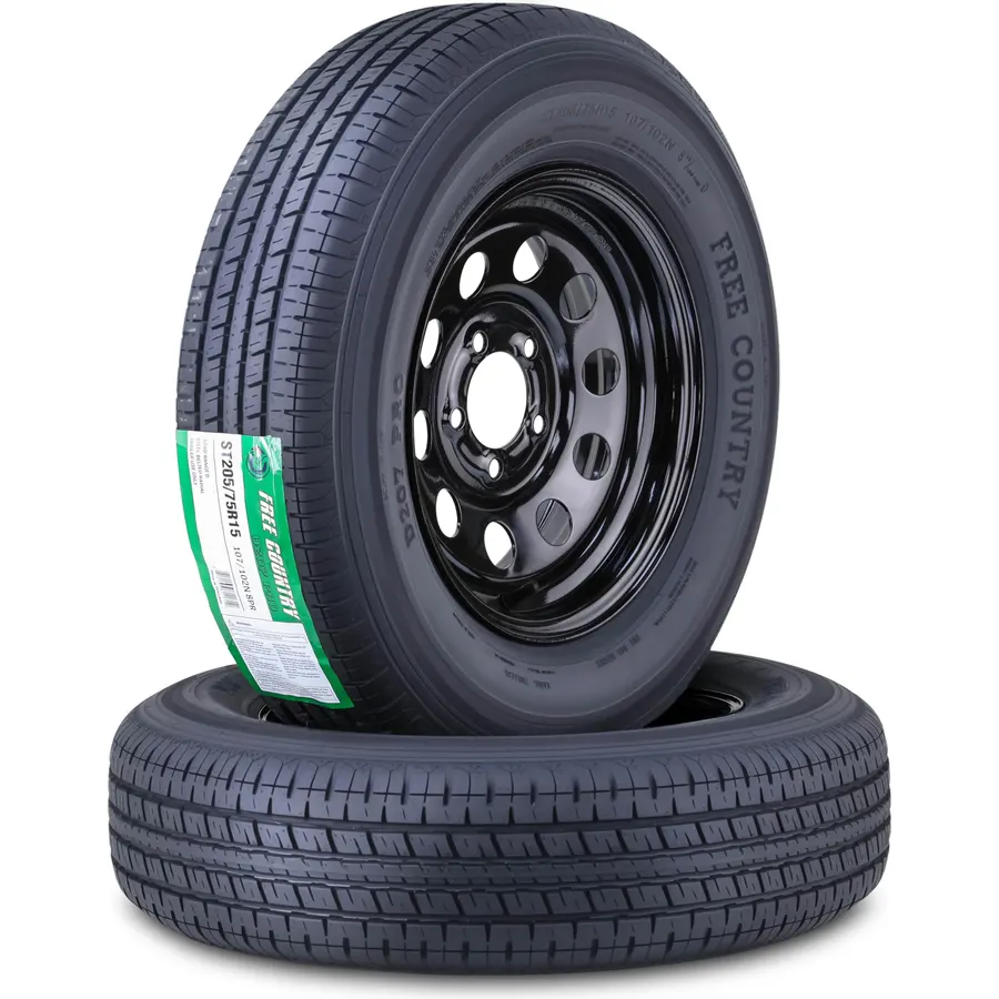 Free Country Trailer Tire Wheel ST205/75R15 8PR D 107N 5X4.5 Black Mod Pk2