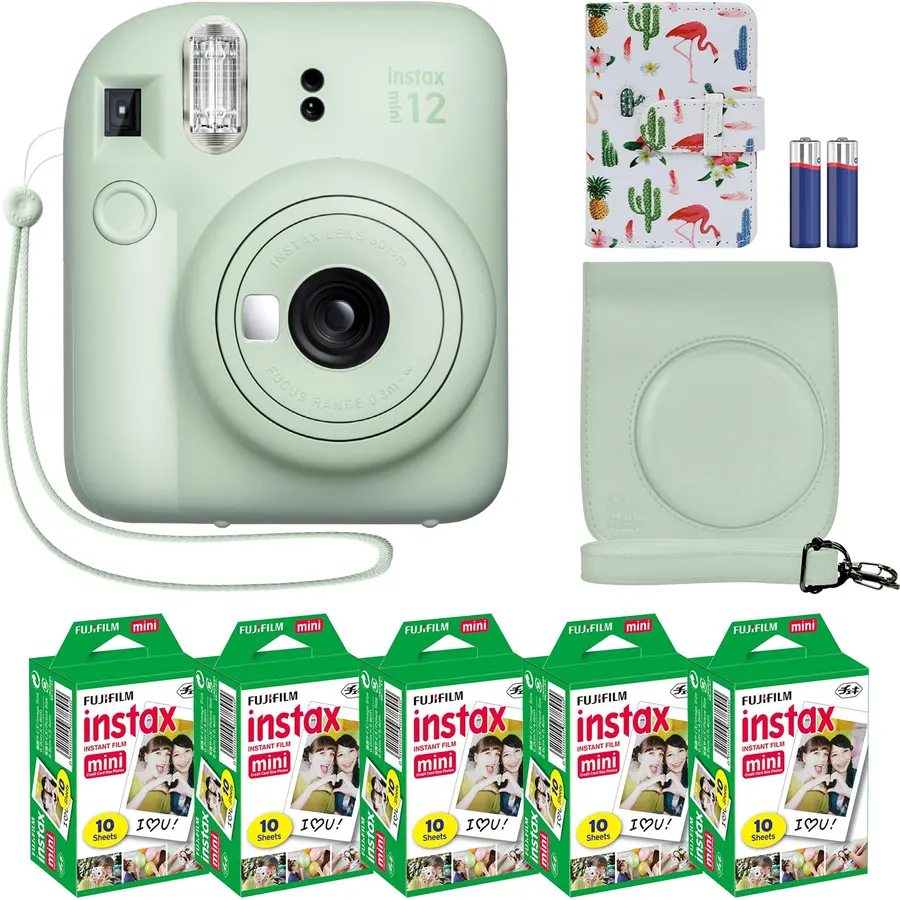Fujifilm Instax Mini 12 Instant Camera + MiniMate Accessory Bundle & Compatible Custom Case + Fuji Instax Film Value Pack (50 Sheets) Flamingo Designer Photo Album (Mint Green)