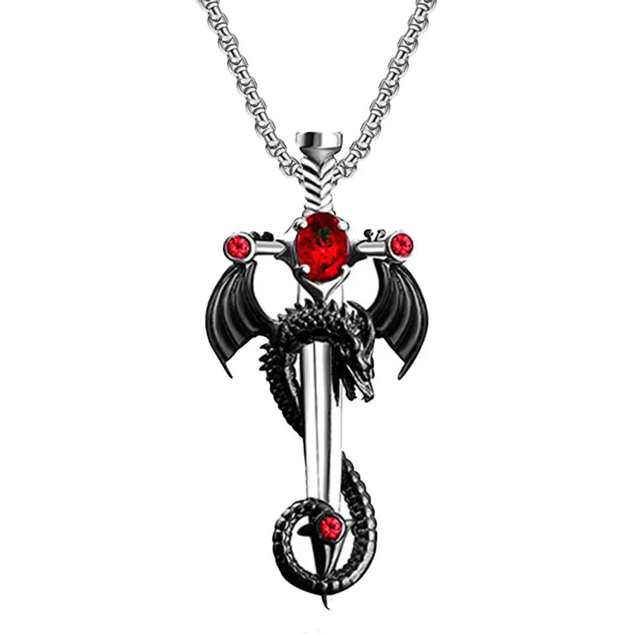FUTIMELY Gothic Dragon Sword Cross Pendant Necklace - Punk Zircon Dragon Pendant - Vintage Wrapped Sword - Dark Gothic Jewelry for Men & Women