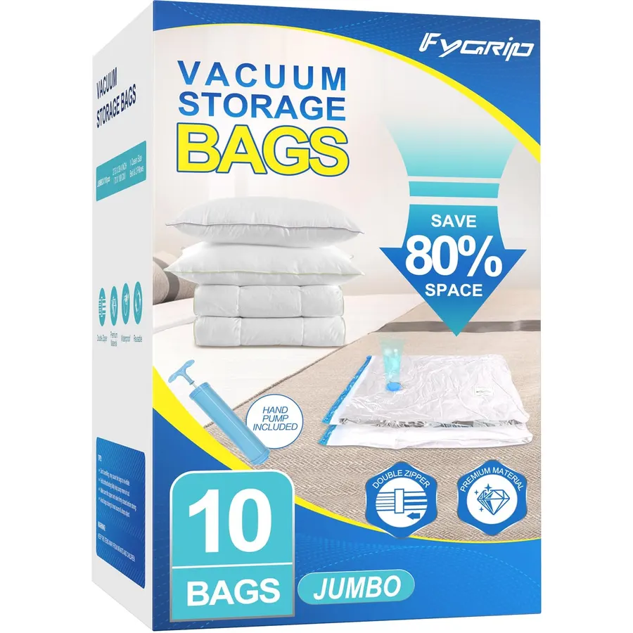 Fygrip 80% Space Saver Vacuum Storage Bags with Hand Pump, 10 Jumbo