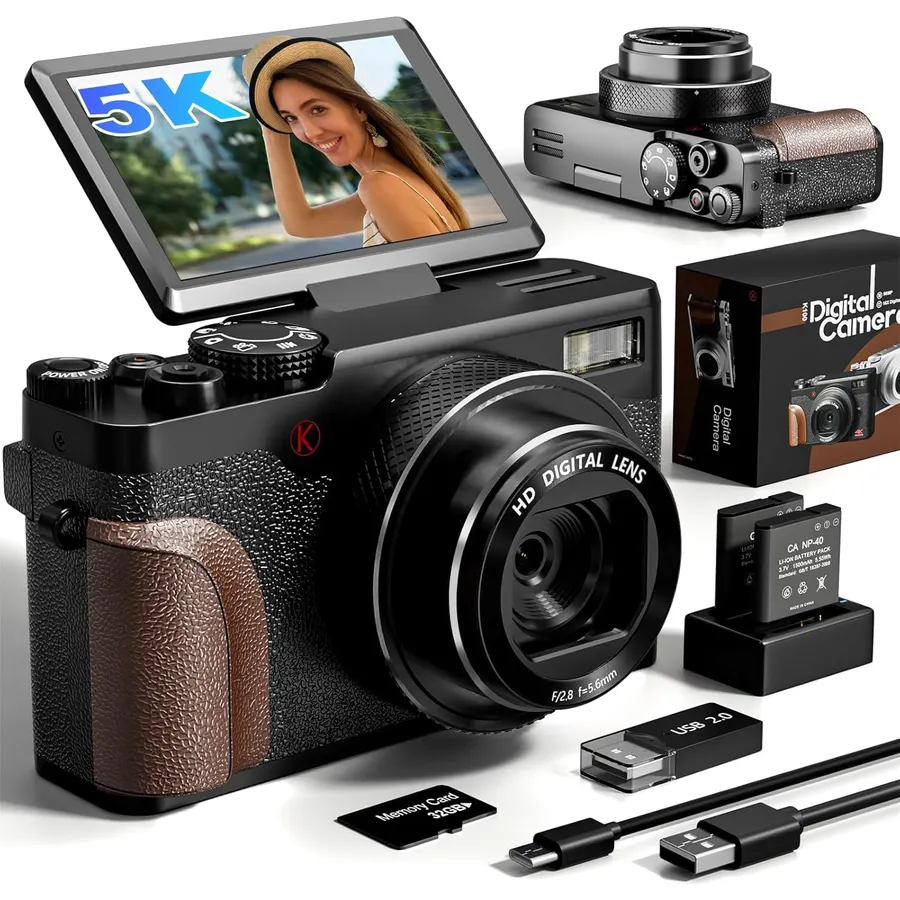 Digital Camera, 5K 80MP Digital Camera for Photography with 3" 180° Flip Screen with 18X Zoom, 64GB SD Card, Travel Camera for YouTube with Anti-Shake, Camera for Teens