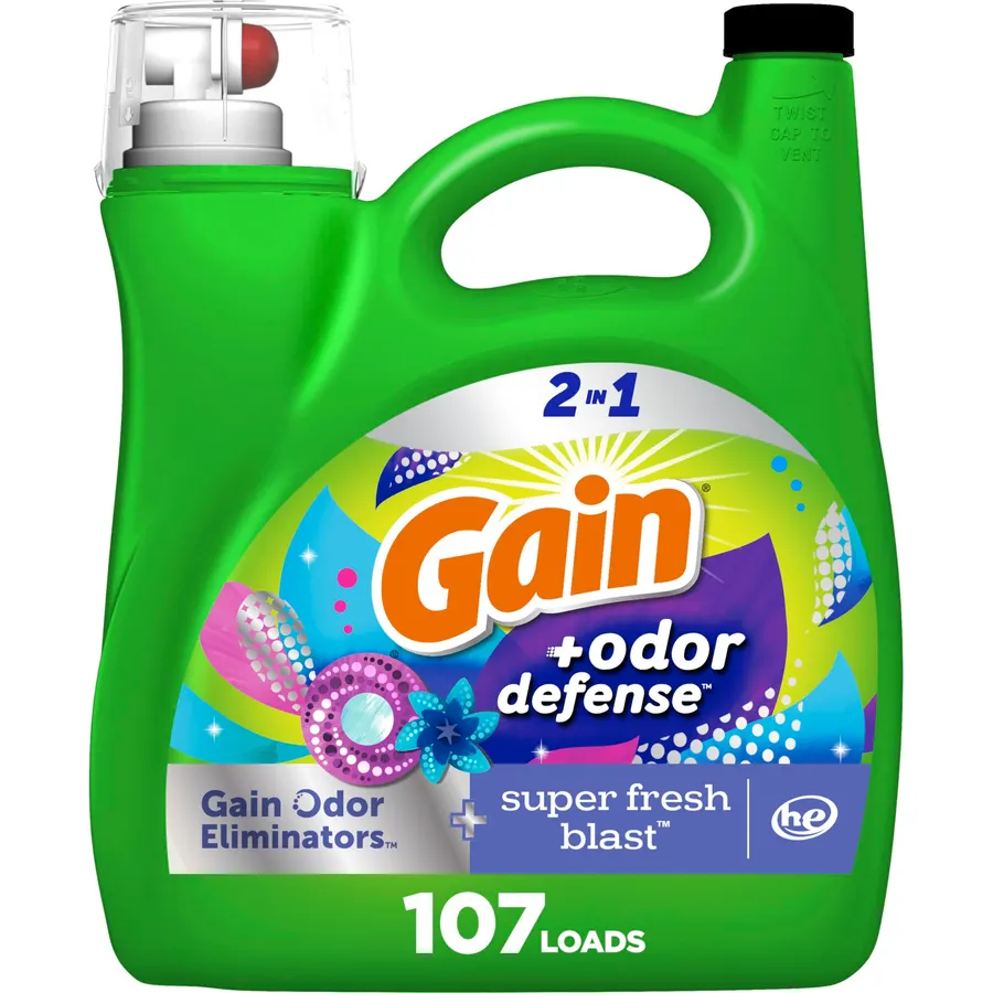 Gain + Odor Defense Liquid Laundry Detergent, Super Fresh Blast Scent, 107 Loads, HE Compatible Washing Soap (Packaging May Vary)